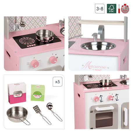Cuisine en bois macaron, 5 accessoires Rose / blanc 3 - vertbaudet enfant 