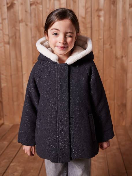 Manteau fille à capuche drap de laine anthracite+beige chiné 1 - vertbaudet enfant 