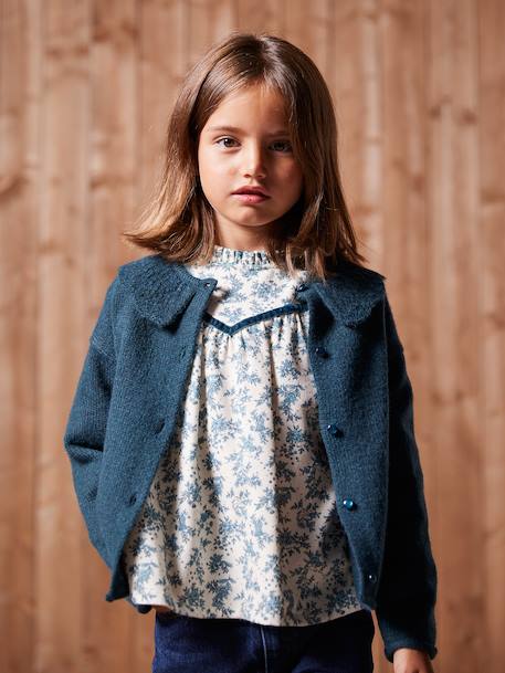 Gilet col fantaisie ajouré fille bleu pétrole 1 - vertbaudet enfant 