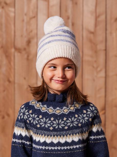 Ensemble rayé fille bonnet + snood + moufles/gants vanille 1 - vertbaudet enfant 