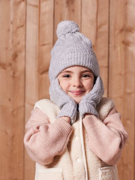 Ensemble fille bonnet, snood, gants en maille fantaisie gris chiné+ROSE 2 - vertbaudet enfant 