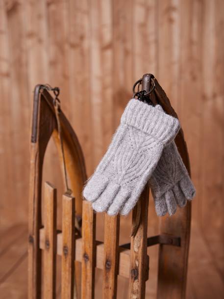 Ensemble fille bonnet, snood, gants en maille fantaisie gris chiné+ROSE 10 - vertbaudet enfant 