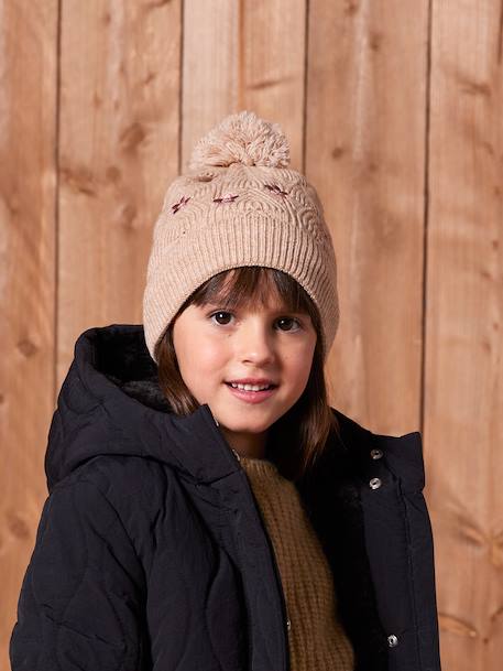 Ensemble brodé fille bonnet + snood + moufles/mitaines en maille ajourée beige doré 1 - vertbaudet enfant 