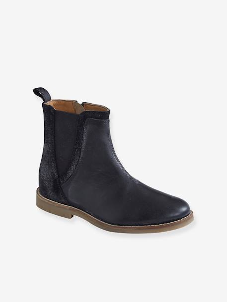 Boots en cuir bi-matière fille Noir 1 - vertbaudet enfant 