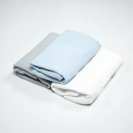 Lot de 3 draps housse berceau en gaze de coton uni Bleu, gris, blanc 2 - vertbaudet enfant 